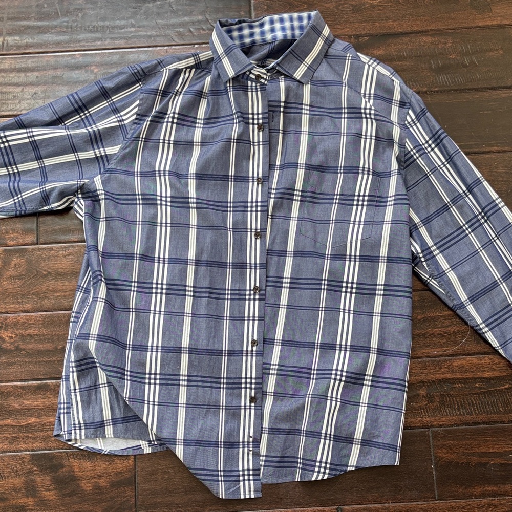 Tasso Elba Navy and White Plaid Button Down Shirt
